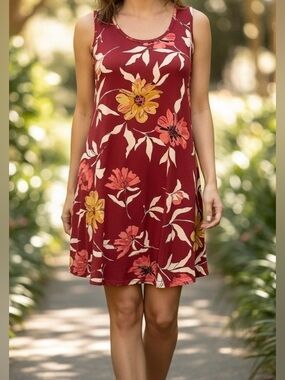 Lildy Floral Swing Dress S/M Red Sleeveless Pocket Mini Stretch Tunic